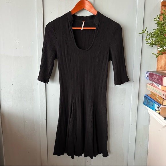 Free People Black Jolene Ribbed Fit and Flare Mini Dress Size Large - Picture 3 of 7
